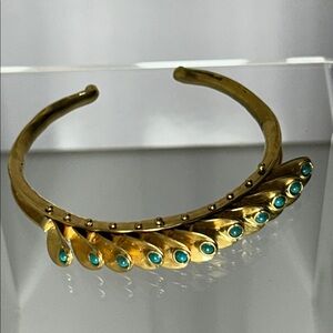 Unique Gold Plated Bronze Turquoise Accented Hinged Peacock Feathers Bracelet